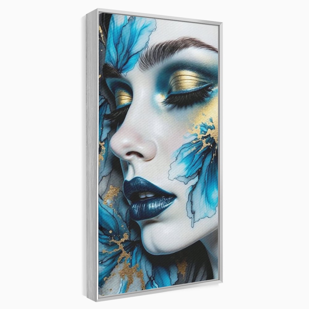 Tablou canvas cu tablou canvas cu portret feminin si flori albastre, in rama de aluminiu argintiu